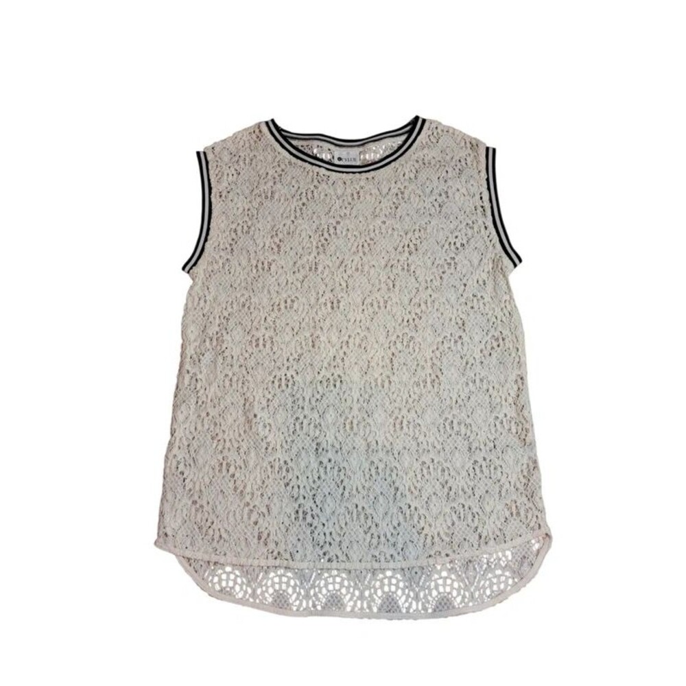 Cream Crochet Knit Sleeveless Cover Tank w/Ribbed Sleeves Medium